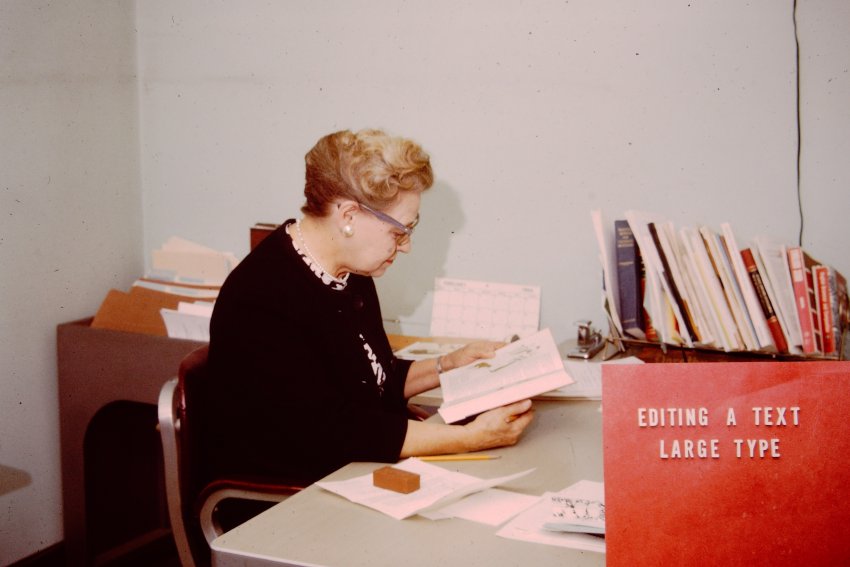 Marjorie Hooper editing a large type book-85